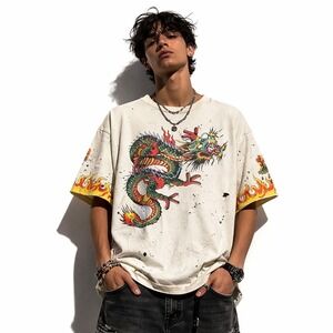 INKSLINGERS USA Blue Moe Graphic T-Shirt Sz 2XL Ivory Dragon Flames 90s Y2K Goth